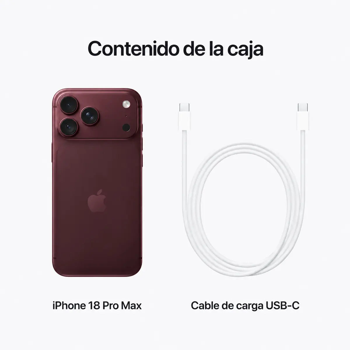 Contenido de la caja del iPhone 18 Pro Max borgoña con cable de carga USB-C