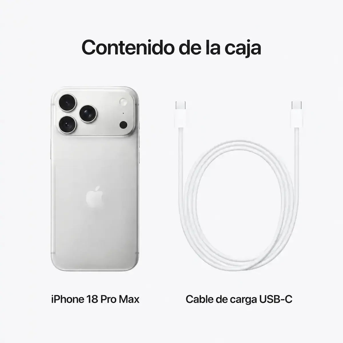Contenido de la caja del iPhone 18 Pro Max plateado con cable de carga USB-C