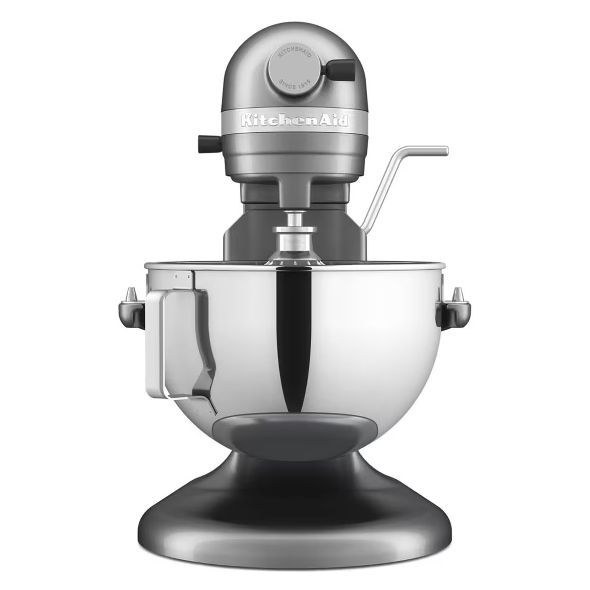 KitchenAid 5.5 Quart Bowl-Lift Stand Mixer in Contour Silver front view with stainless steel bowl