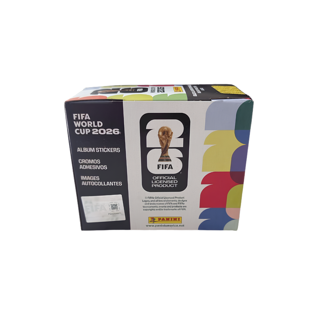 Panini FIFA World Cup 2026 sticker box with 25 packs sealed left view