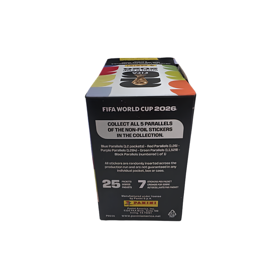 Panini FIFA World Cup 2026 sticker box with 25 packs sealed rear view