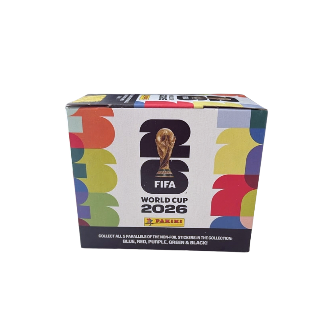 Panini FIFA World Cup 2026 sticker box with 25 packs sealed right view
