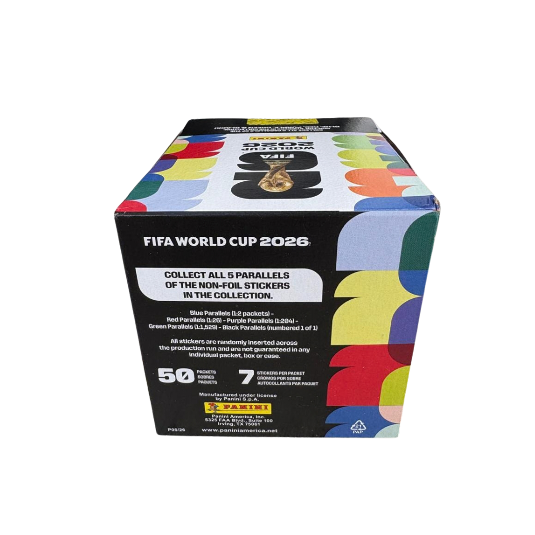 Panini FIFA World Cup 2026 sticker box with 50 packs sealed rear view