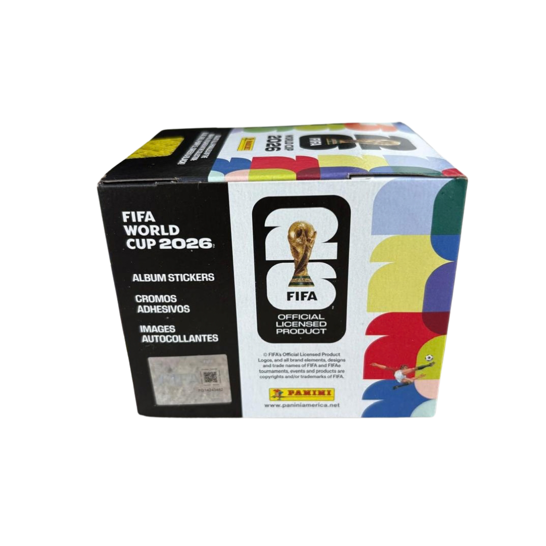 Panini FIFA World Cup 2026 sticker box with 50 packs sealed right view