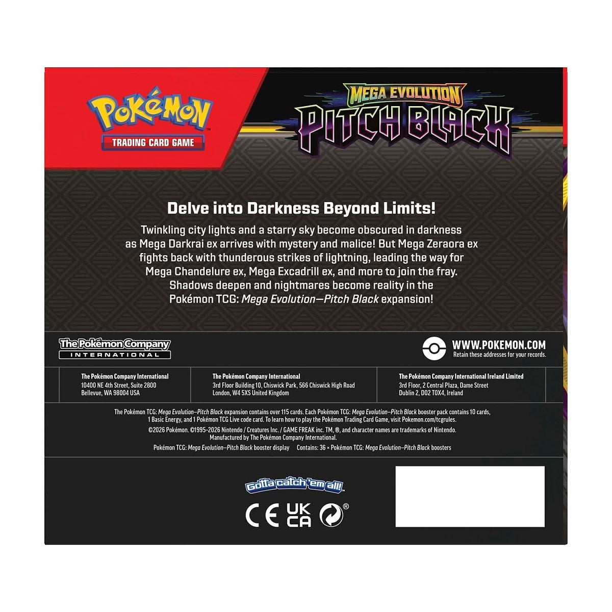 Back of Pokémon TCG Mega Evolution Pitch Black Booster Display Box packaging