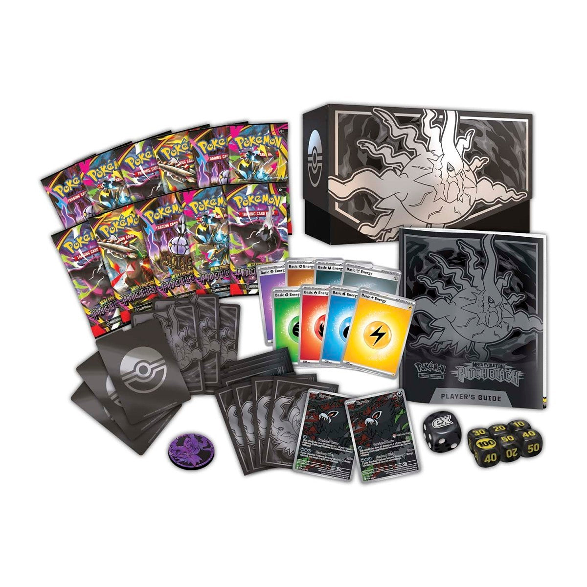 Pokémon TCG Mega Evolution Pitch Black Pokémon Center Elite Trainer Box full contents with booster packs, sleeves, dice, energy cards and promos