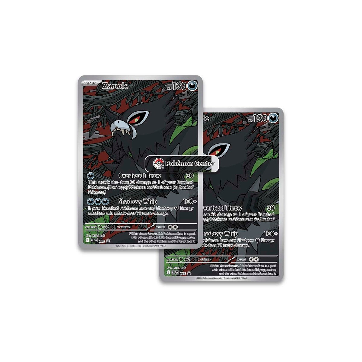 Pokémon TCG Mega Evolution Pitch Black Zarude full-art foil promo cards with Pokémon Center logo