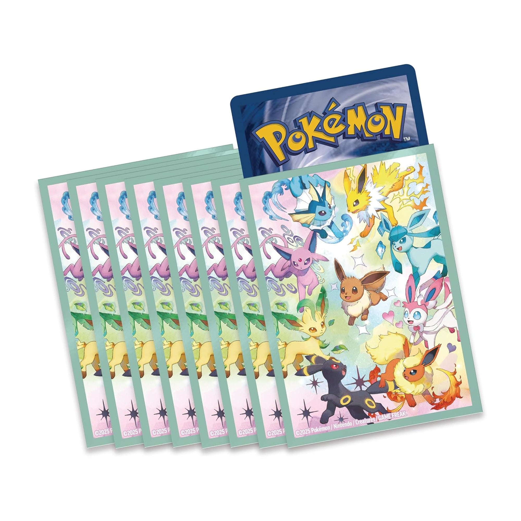 Pokémon TCG Prismatic Evolutions card sleeves featuring Eevee and Eevee Evolutions