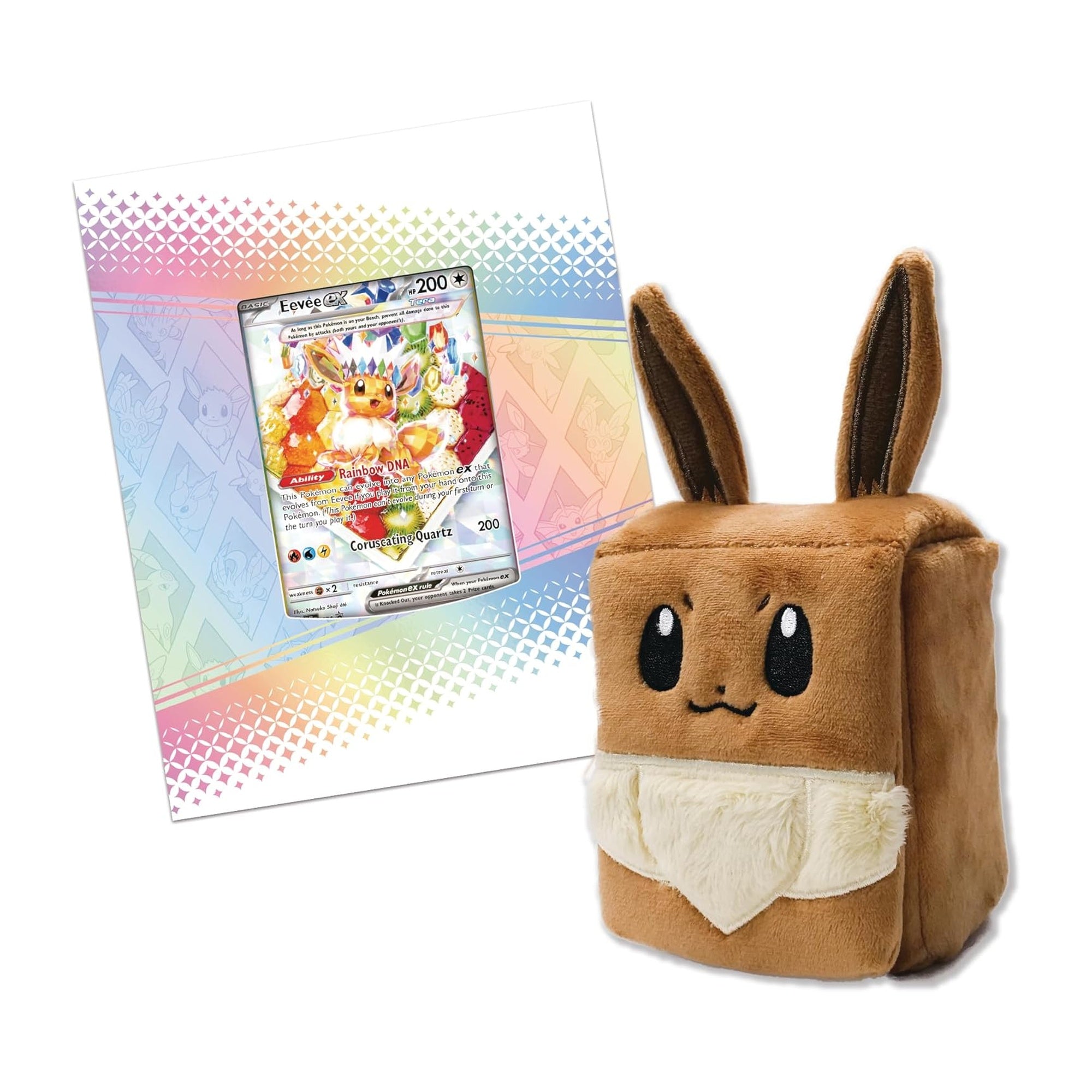 Pokémon TCG Prismatic Evolutions Eevee ex promo card and fuzzy Eevee deck box