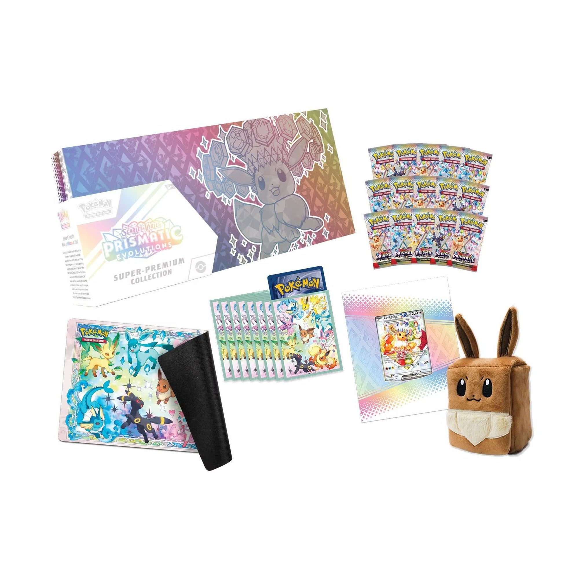 pokemon cards prismatic evolutions super premium collection Box Cards vary by pack.) Also contains 65 card sleeves featuring amazing artwork of Eevee and its Evolutions and a code card for Pokmon TCG Live. Pokmon TCG Prismatic Evolutions Super-Premium