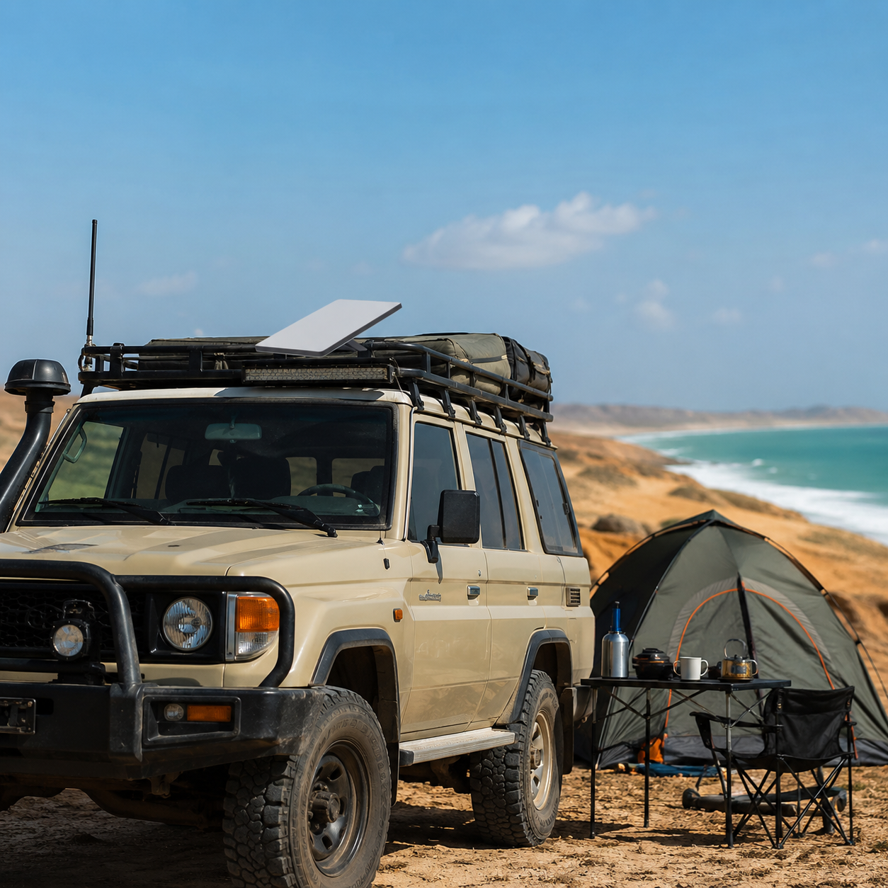 Starlink Mini Kit on a 4x4 vehicle for beach camping and remote travel