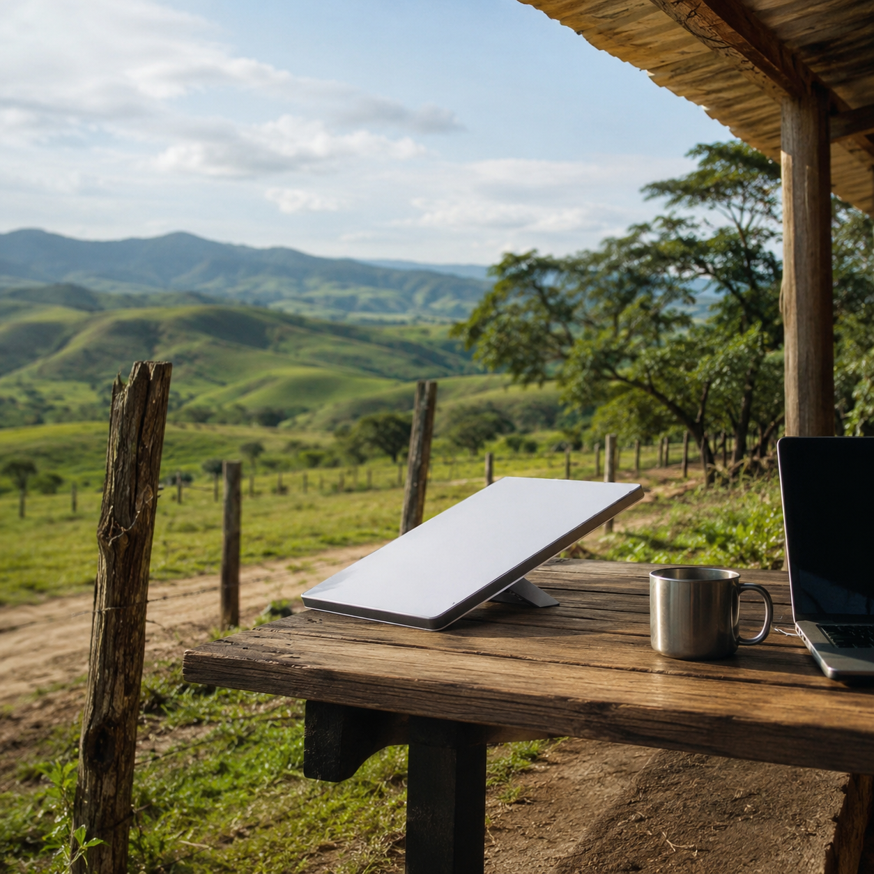 Starlink Mini Kit set up in a rural countryside workspace for portable satellite internet