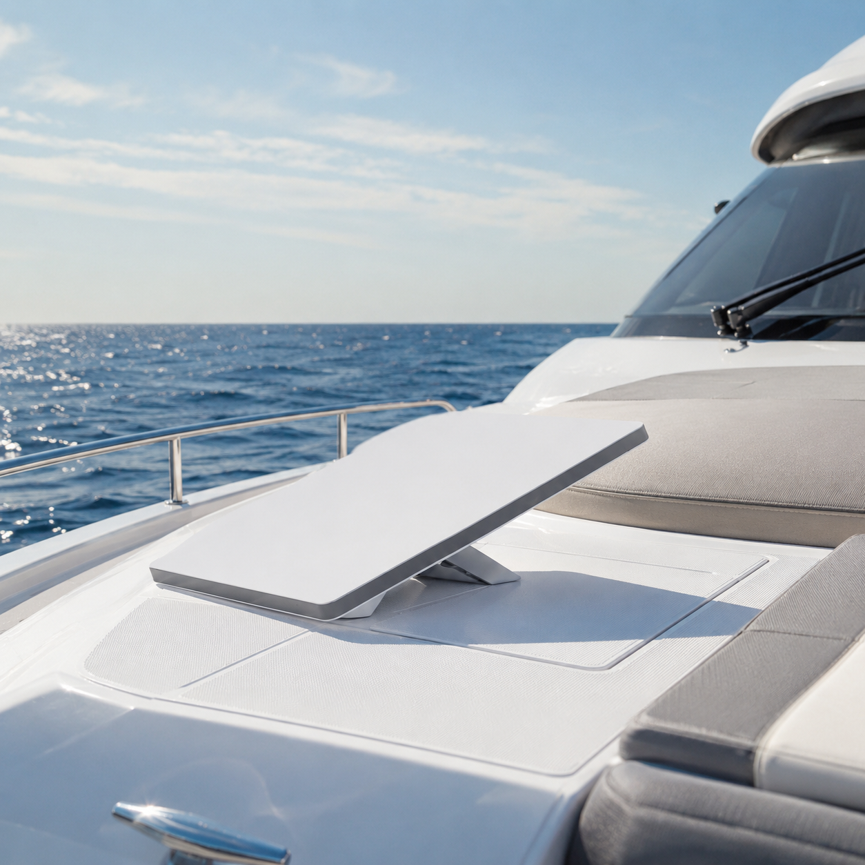 Starlink Mini Kit on a yacht deck for portable satellite internet at sea